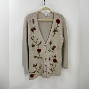 -J Jill floral embroidered button front, V-neck, long length cardigan sweater